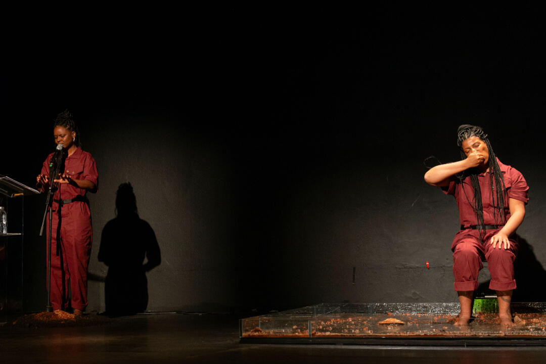 The Tongue Bends Whenever It Faces What Is Unquestionable or What Has Been Cursed (Book-Performance, Chapter VI), 2023. Performance, 35th São Paulo Biennial, Brazil. Photo by Levi Fanan / Fundação Bienal de São Paulo